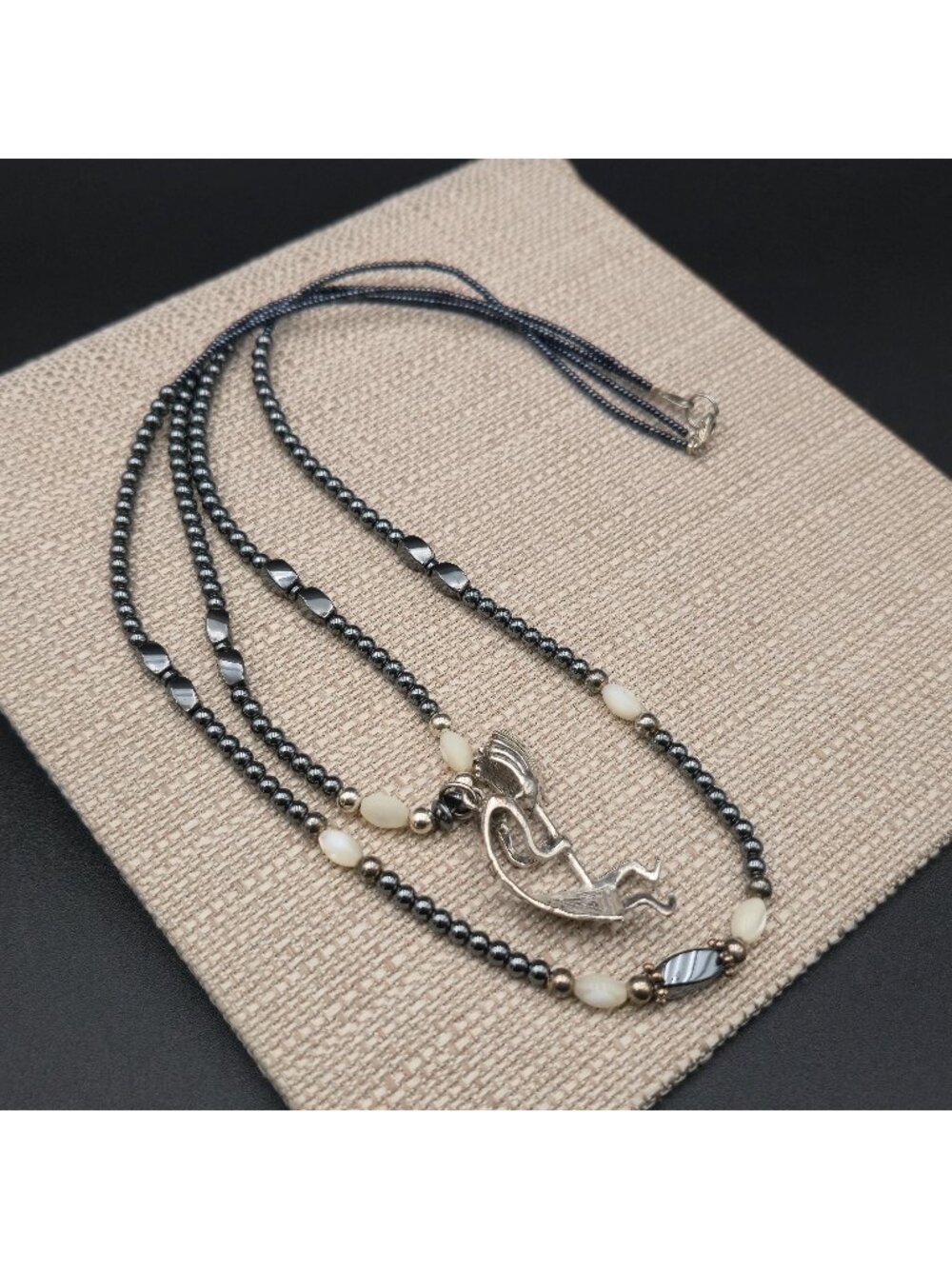 22 Inch Vintage Hematite Kokopelli Southwestern Mother of Pearl Necklace B1383